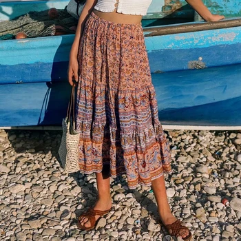 Jastie Ljeto 2022 Suknja Midi Ženska Vintage Moderan Suknja S Cvjetnim Ispis U boho stilu Suknje Elastičan Pojas Svakodnevni Plaža Suknja faldas mujer moda
