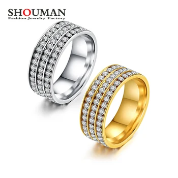 SHOUMAN Nehrđajući Čelik 3 Broj Prozirni Kristali Zlatne Boje Zaručnički Prsten Prsten Za Za Žene, Ženski Jelwery Poklon