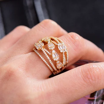 GODKI Luksuzni 5 Redova Crossover Upadljiv Prsten za Žene Vjenčanja Vjenčani Vjenčanja Dekoracija Baguette Kubni Cirkonij CZ Prsten