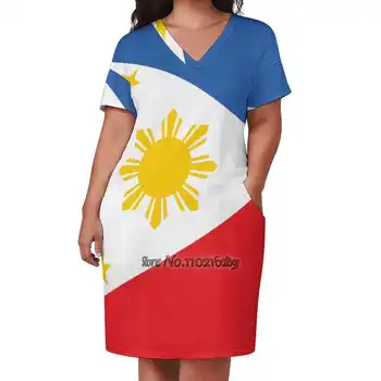 Zastava Filipina, Moderan Ulične Haljina, Slobodna Suknja S V-izrez i Kratkih Rukava, Svakodnevni Svečana Suknja 5Xl, Filipini, Filipinski Filipinski
