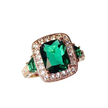 Moda Pravi Austrijski Crystal Luksuzni Klasični Pravokutnik Zeleni Kamen Prsten Kvadratnom Crvena CZ 4 Trn Berba Ženski Nakit