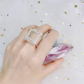 Korejski Elegantne Prozirne Akrilne Smole Imitacija Bisera Šuplje Geometrijski Kvadratne I Okrugle Velike Prsten Za Žene Ljetni Nakit Pokloni