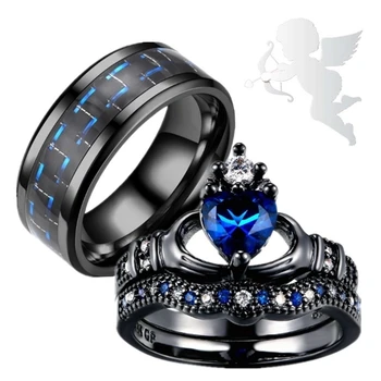 Par prstenova - Muški prsten od karbonskih vlakana od nehrđajućeg čelika i donje crno plavo kristalno vjenčanja vjenčani prsten s сердечком