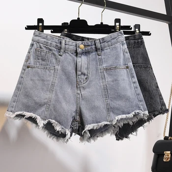 Ljetne nove trendy traper kratke hlače s visokim strukom, ženske Korejski Slobodne ženske Traperice s Raw rubom, Za Odmor, s džepovima Široke Kratke hlače