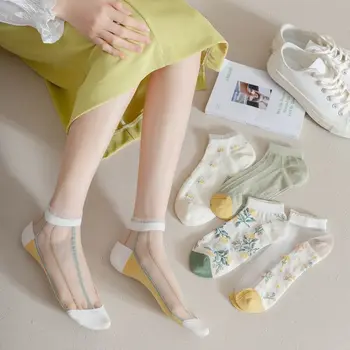 Ljetni Fine Ženske Čarape, Pamučne Prozračna Kratke Čarape, Modni Šuplje Mrežaste Čarape S Cvjetnim Ispis U Japanskom Stilu, Slatka Čarape Do Gležnja S Niskim Cutaway