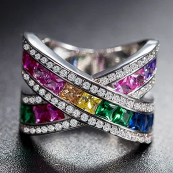 Trend Križ Stil Mistično Rainbow Crystal Prsten Za Žene Moda Šareni Prsten Cirkon Vjenčanja Vjenčani Nakit Poklon