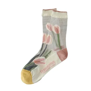 6 komada = 3 para/pakiranje čarapa, Novi Trendi Prozirne Kristalne staklene Svile Ženske Čarape s cvjetnim uzorkom, Slatka prozirne kul ultra tanke Čarape