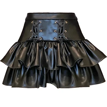 Lautaro Kratka crna kožna suknja čipka-up, ženska Mini-suknja s visokim strukom, multi-level suknja s volanima, berba gotički suknje od umjetne kože 2022 7xl